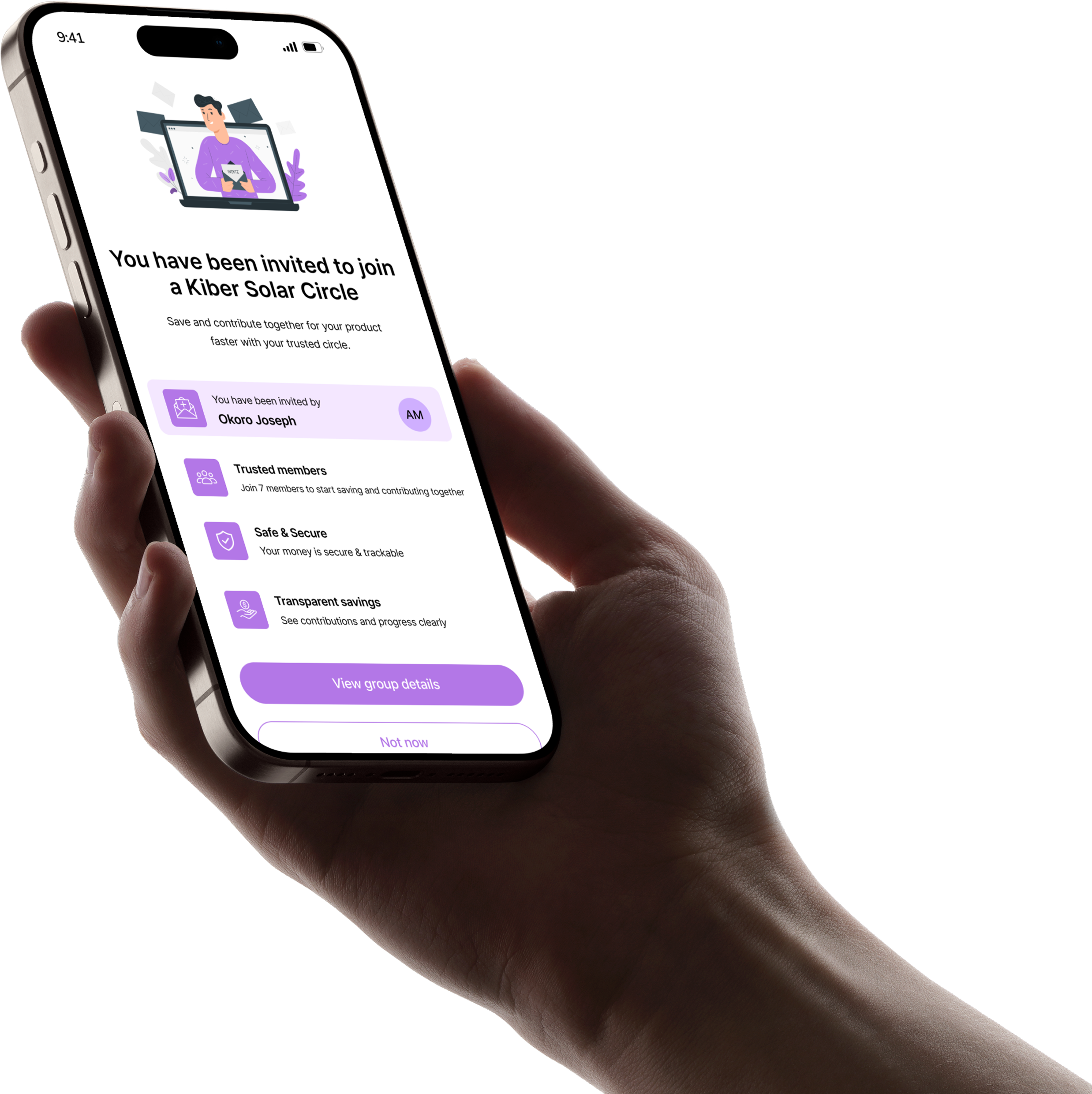 Sandi AI savings invitation app screen held in hand